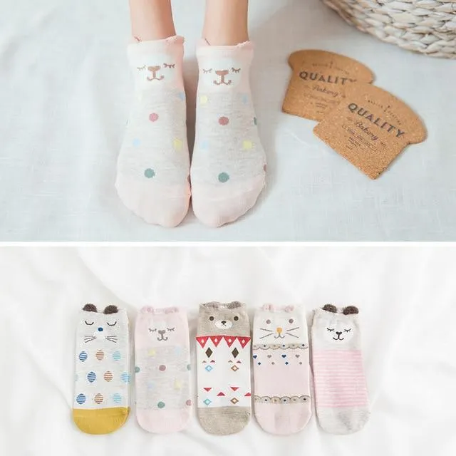 5 Pairs Cute Cat Animal Ear Short Casual Cotton Ankle Socks for Women