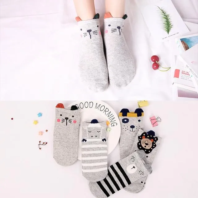 5 Pairs Cute Cat Animal Ear Short Casual Cotton Ankle Socks for Women