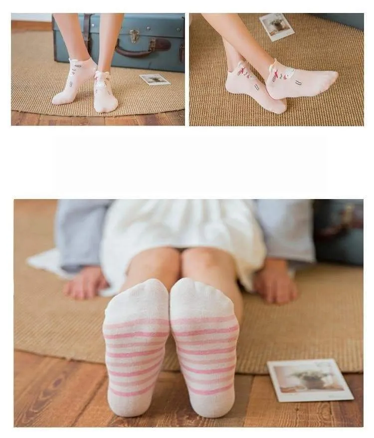 5 Pairs Cute Cat Animal Ear Short Casual Cotton Ankle Socks for Women