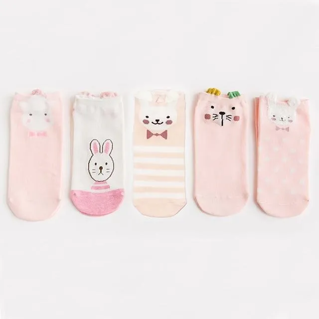 5 Pairs Cute Cat Animal Ear Short Casual Cotton Ankle Socks for Women