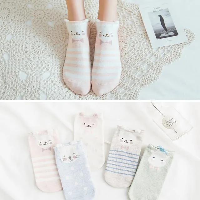 5 Pairs Cute Cat Animal Ear Short Casual Cotton Ankle Socks for Women