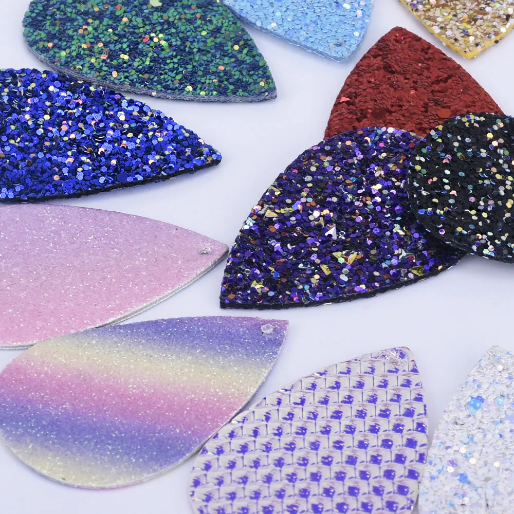 56*38*2mm Multicolor Faux Leather Dangle Charms Pendants PU Leather Glitter Sequined Teardrop charm Great for Light Earrings 4pcs