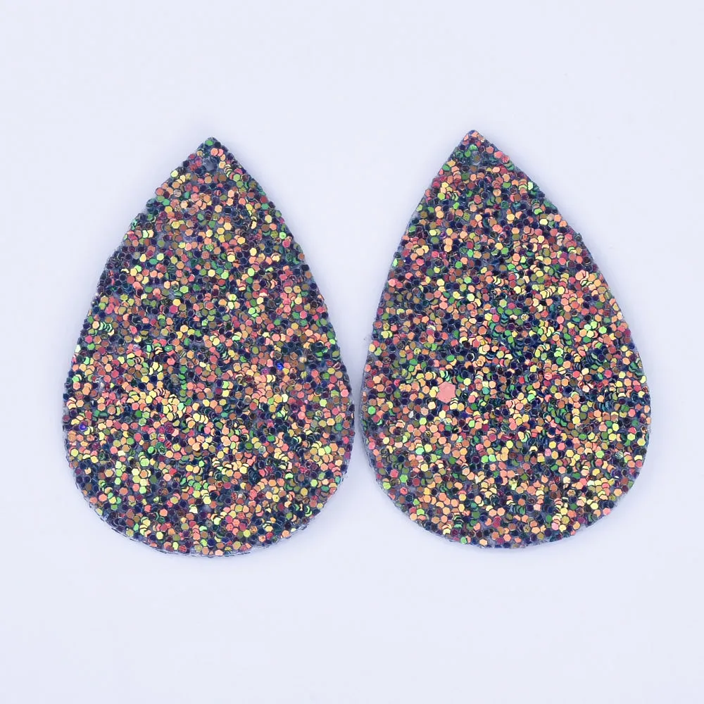 56*38*2mm Multicolor Faux Leather Dangle Charms Pendants PU Leather Glitter Sequined Teardrop charm Great for Light Earrings 4pcs