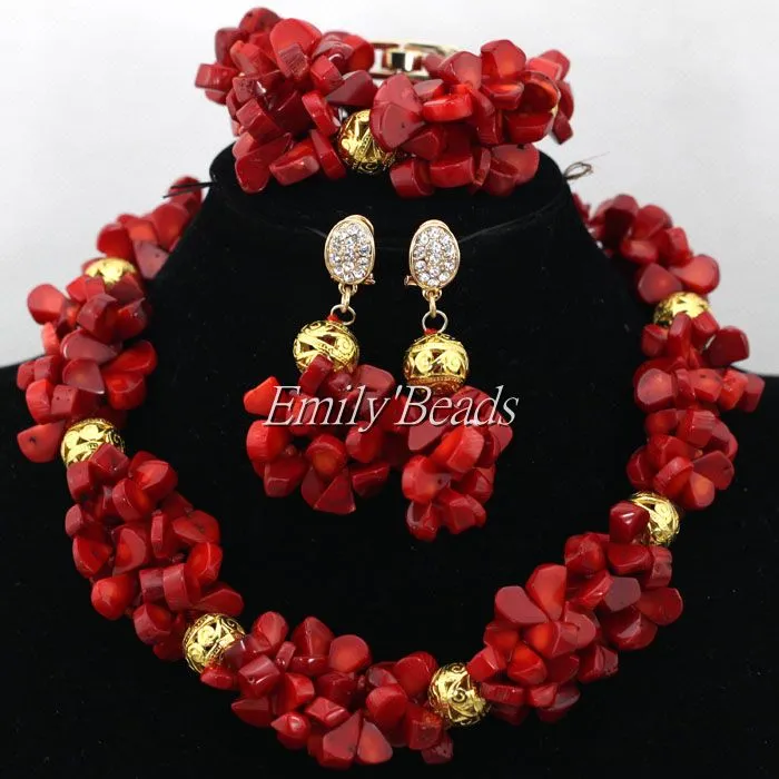 African Coral Beads Necklace Bracelet Earrings Jewelry Set