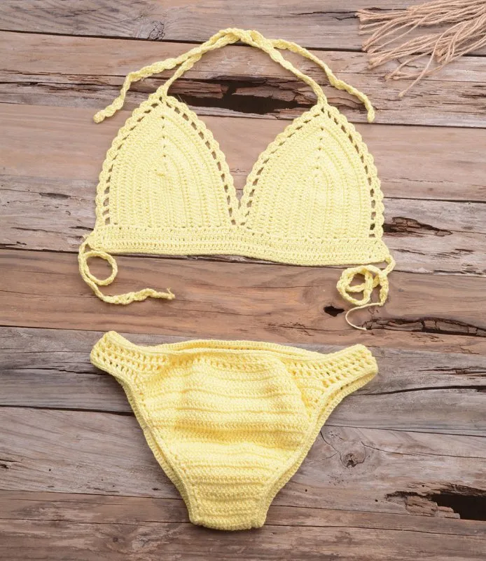 Beach Matching Split Bikini Hollow Out Cutout Hand Crocheting Woven Solid Color Swimsuit Set