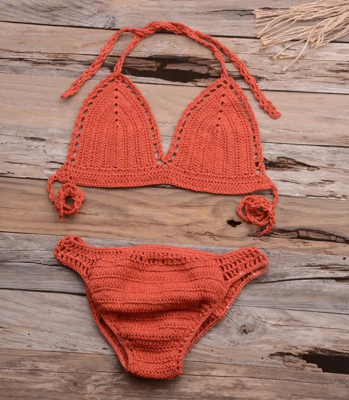 Beach Matching Split Bikini Hollow Out Cutout Hand Crocheting Woven Solid Color Swimsuit Set