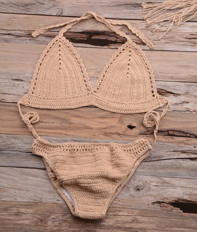 Beach Matching Split Bikini Hollow Out Cutout Hand Crocheting Woven Solid Color Swimsuit Set