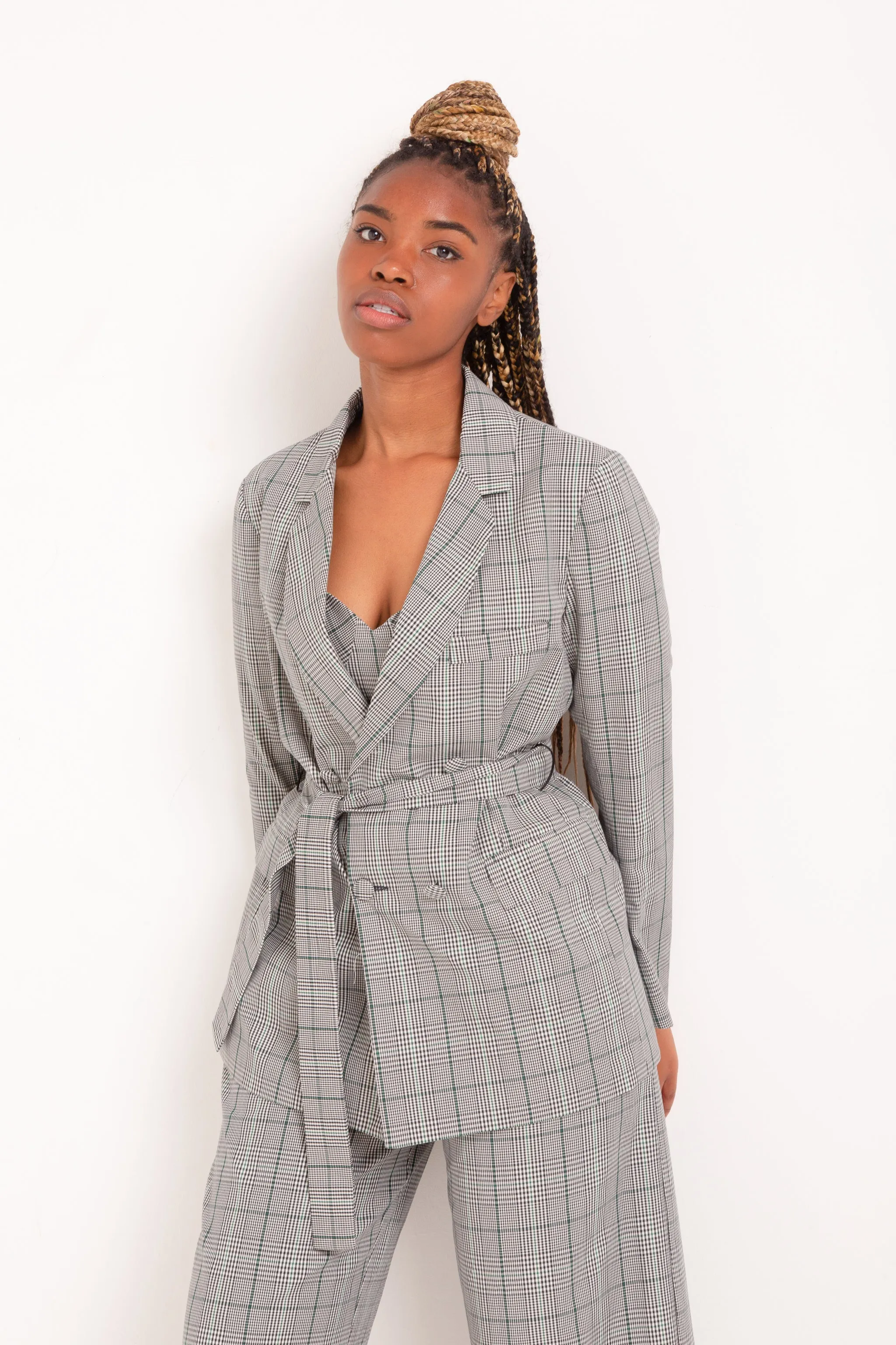 Bety Tie Waist Blazer in Grey Check