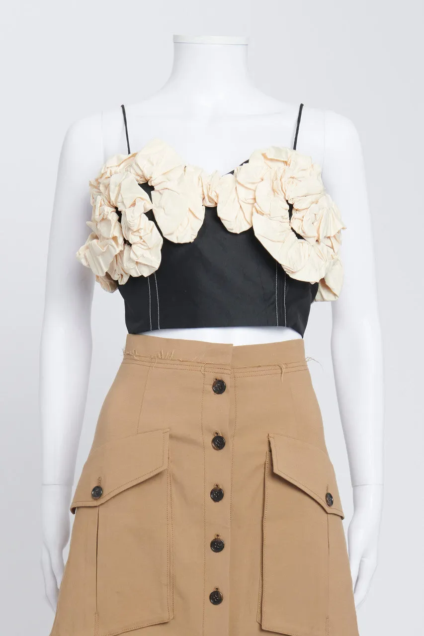 Black And Cream Rose-Appliqué Taffeta Crop Top