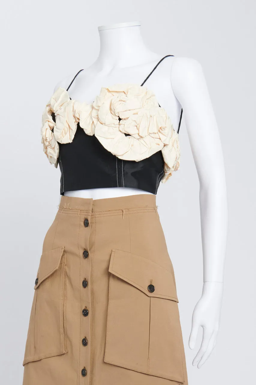 Black And Cream Rose-Appliqué Taffeta Crop Top