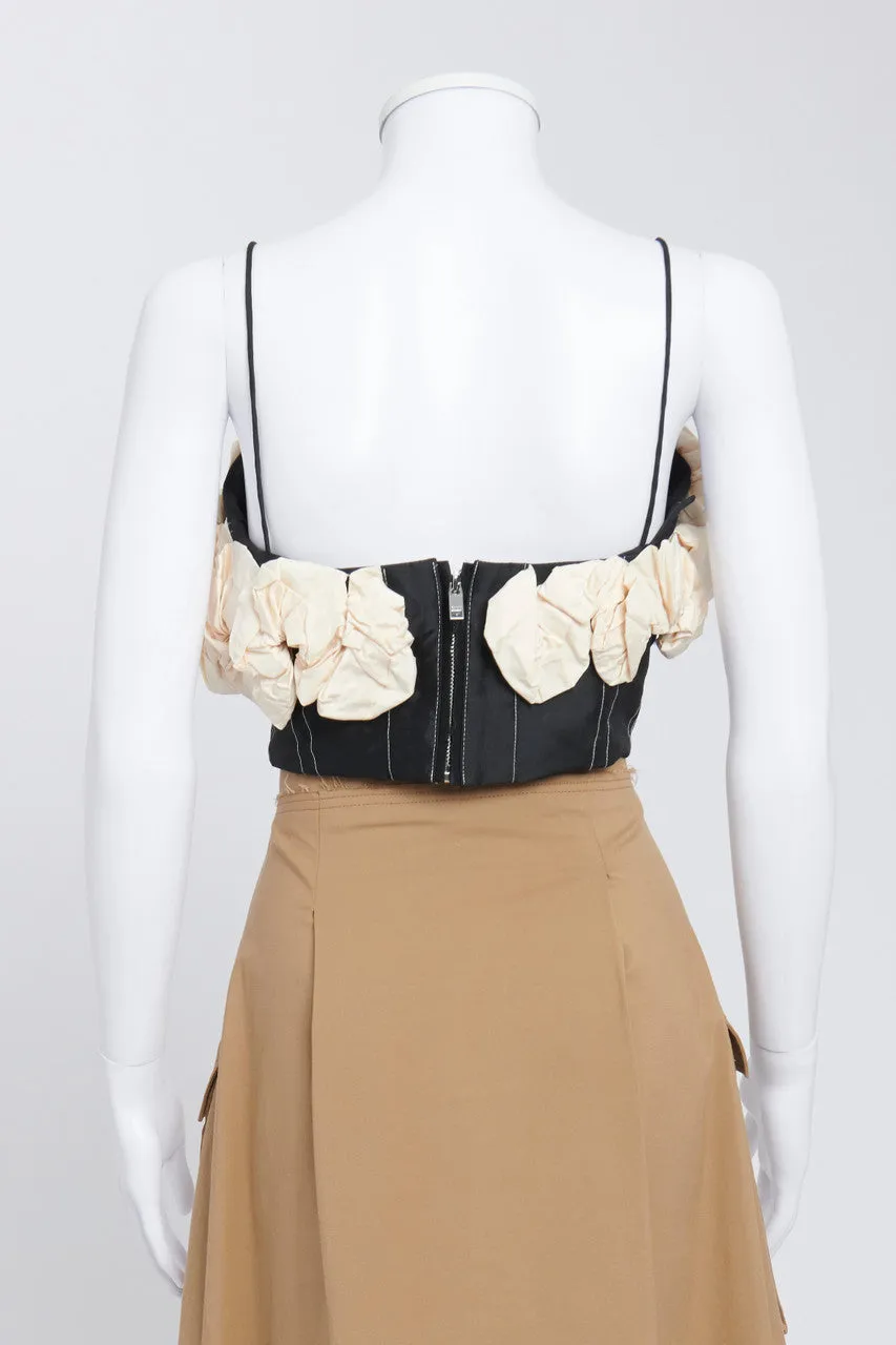 Black And Cream Rose-Appliqué Taffeta Crop Top