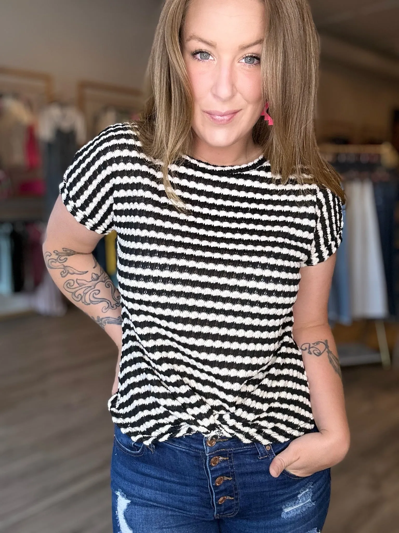 Black Bubble Stripe Twist Top