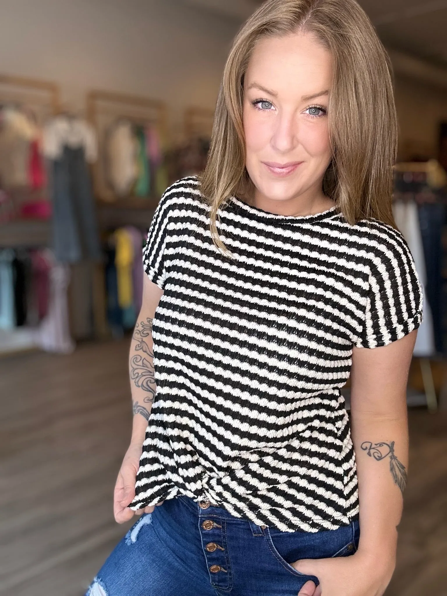 Black Bubble Stripe Twist Top