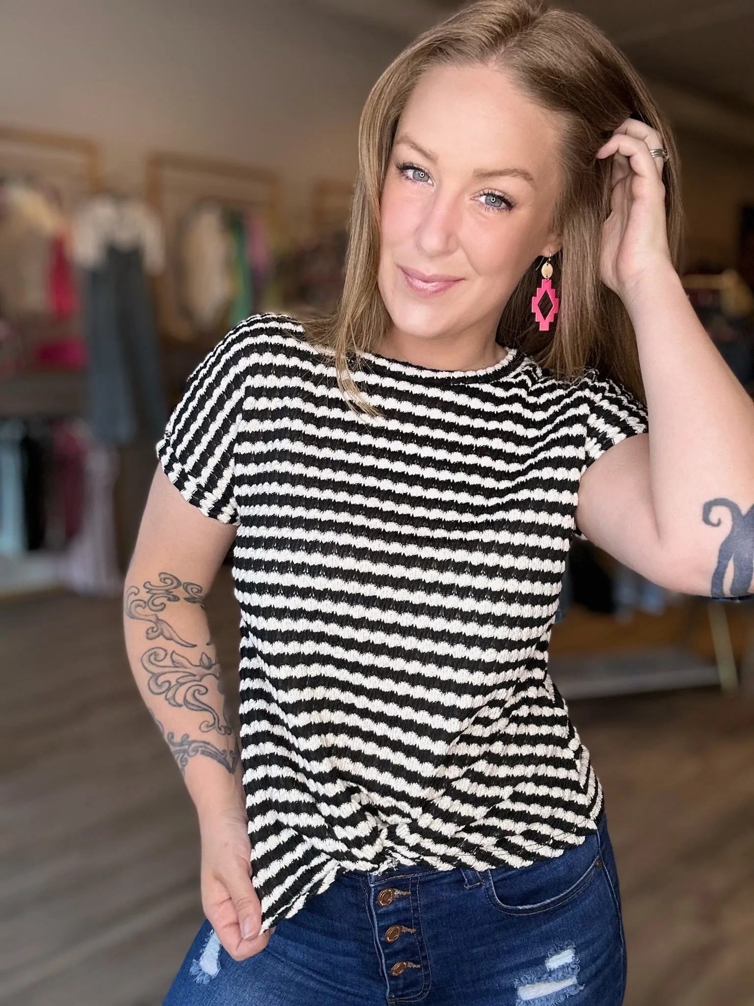 Black Bubble Stripe Twist Top