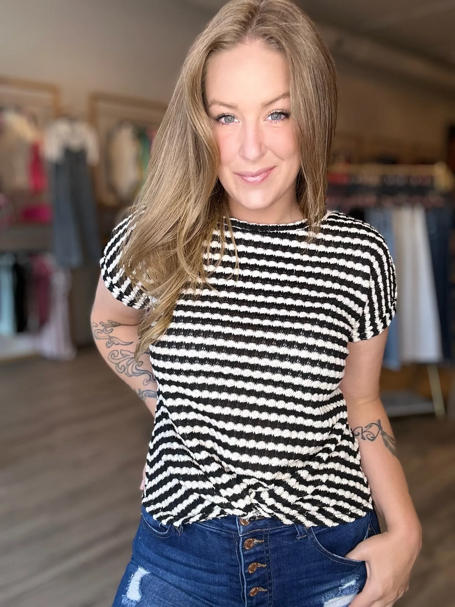 Black Bubble Stripe Twist Top