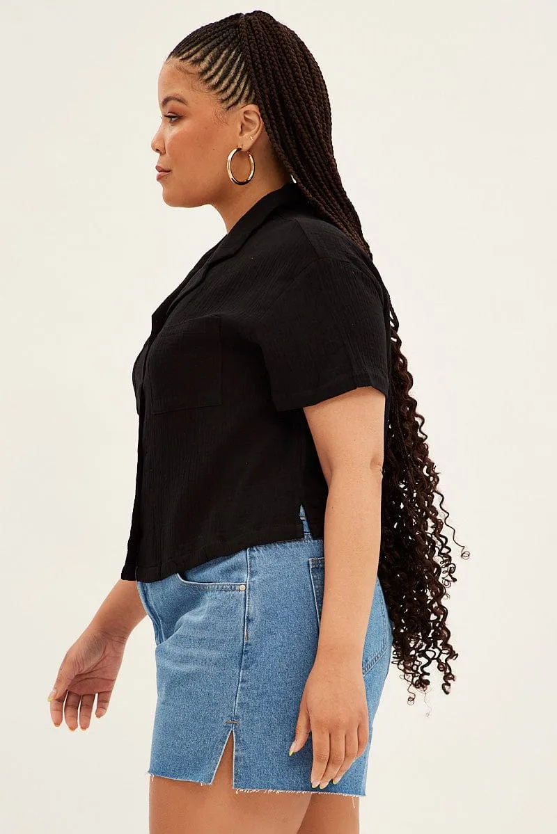 Black Crop Shirt Short Sleeve Button Up