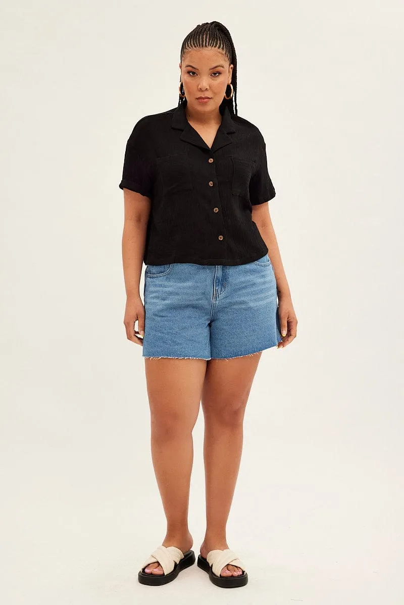 Black Crop Shirt Short Sleeve Button Up