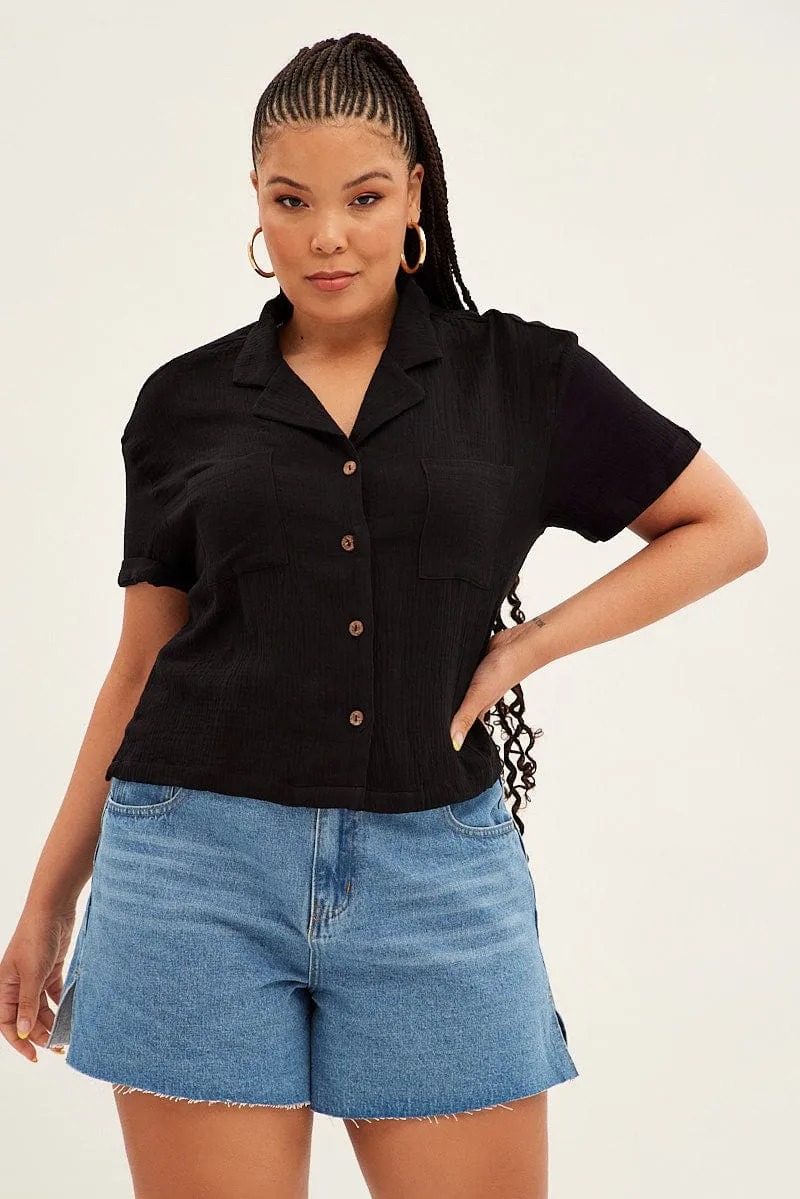 Black Crop Shirt Short Sleeve Button Up