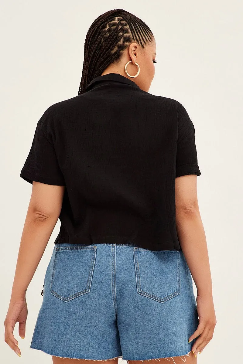 Black Crop Shirt Short Sleeve Button Up