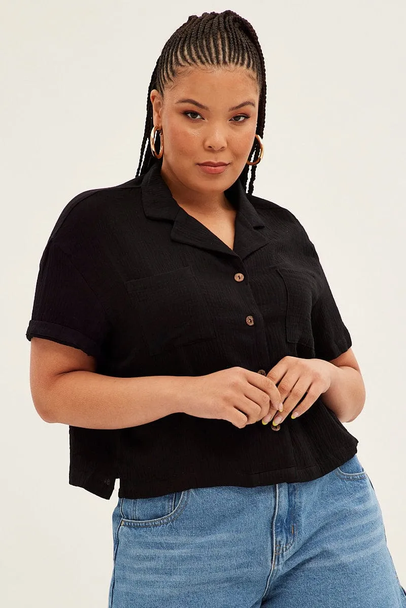 Black Crop Shirt Short Sleeve Button Up