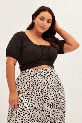 Black Crop Top Short Sleeve Tie Back Jersey