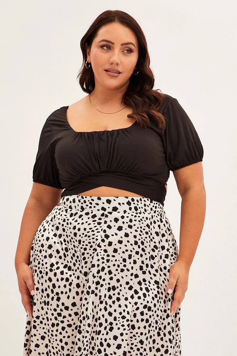 Black Crop Top Short Sleeve Tie Back Jersey