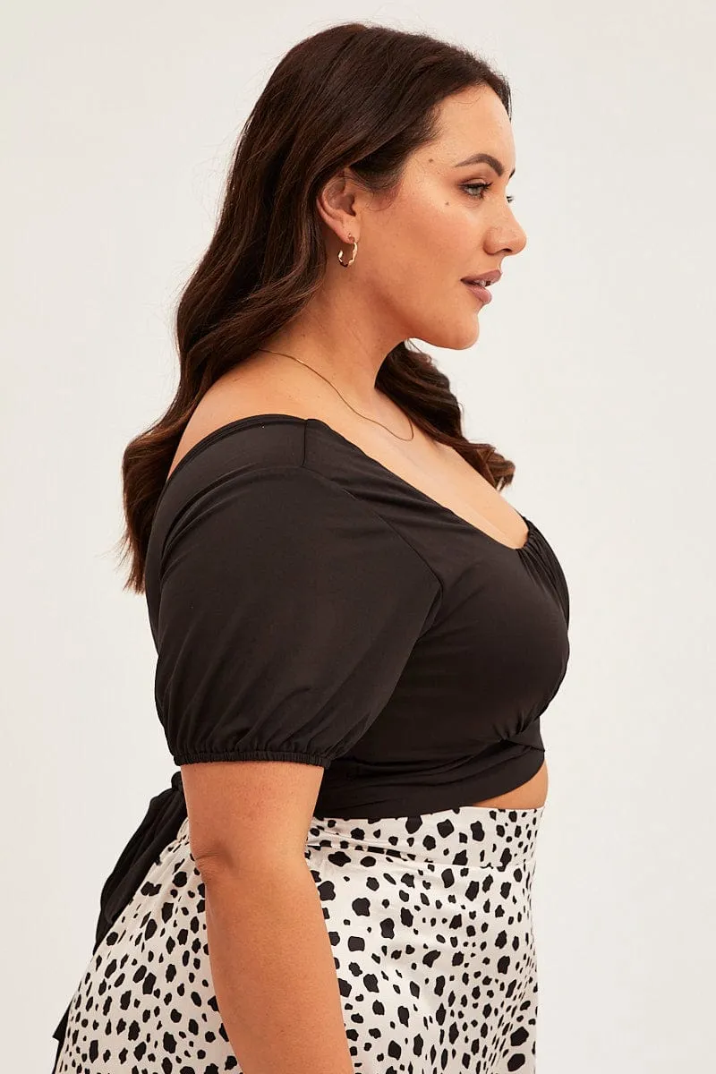 Black Crop Top Short Sleeve Tie Back Jersey