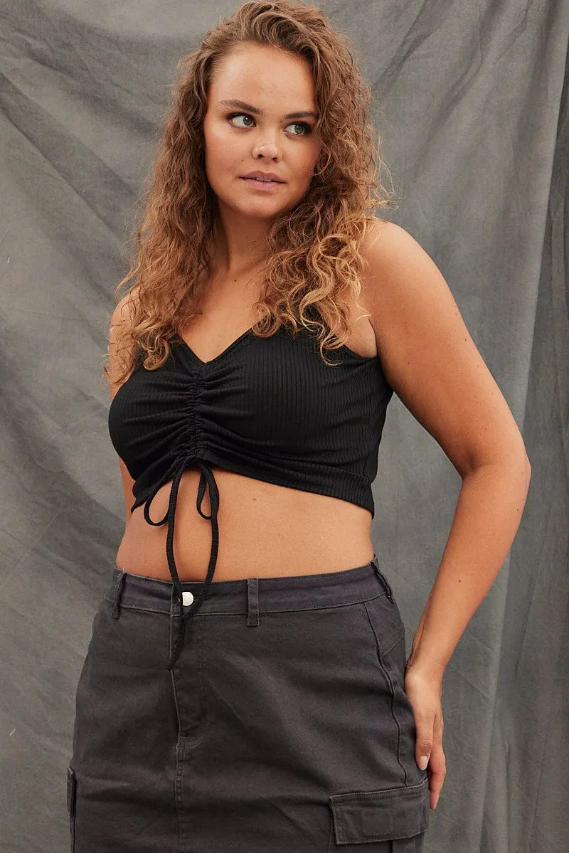 Black Crop Top Sleeveless Rib Jersey Drawstring