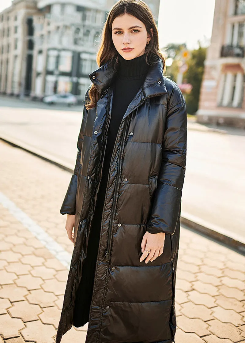 Black Duck Down Feather Puffer Longline Coat