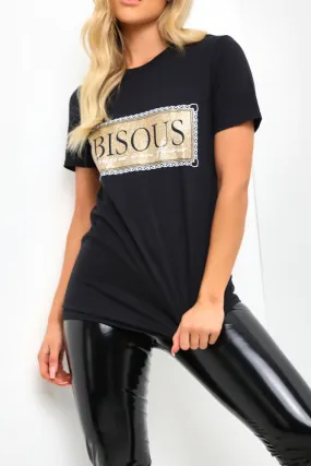 Black Gold Glitter Slogan T-Shirt