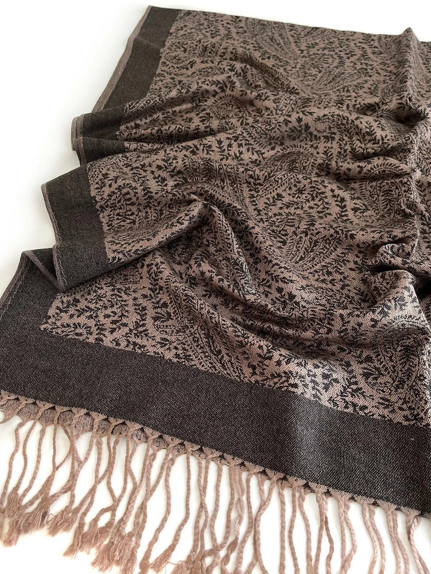 BLACK PAISLEY PRINT REVERSIBLE PASHMINA SHAWL SCARF