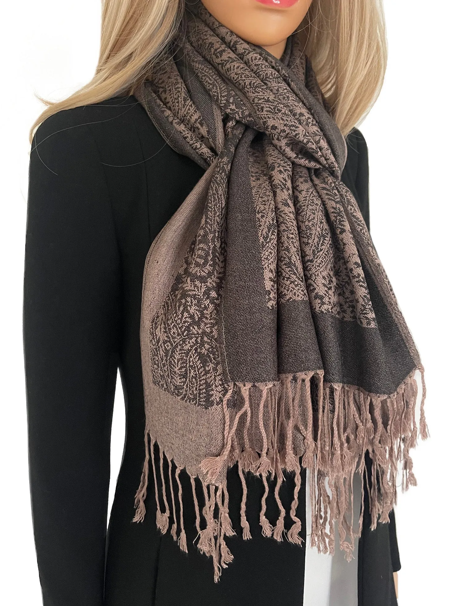 BLACK PAISLEY PRINT REVERSIBLE PASHMINA SHAWL SCARF