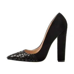 Black Pointed Toe Pumps Chunky Heels Slip on Pumps