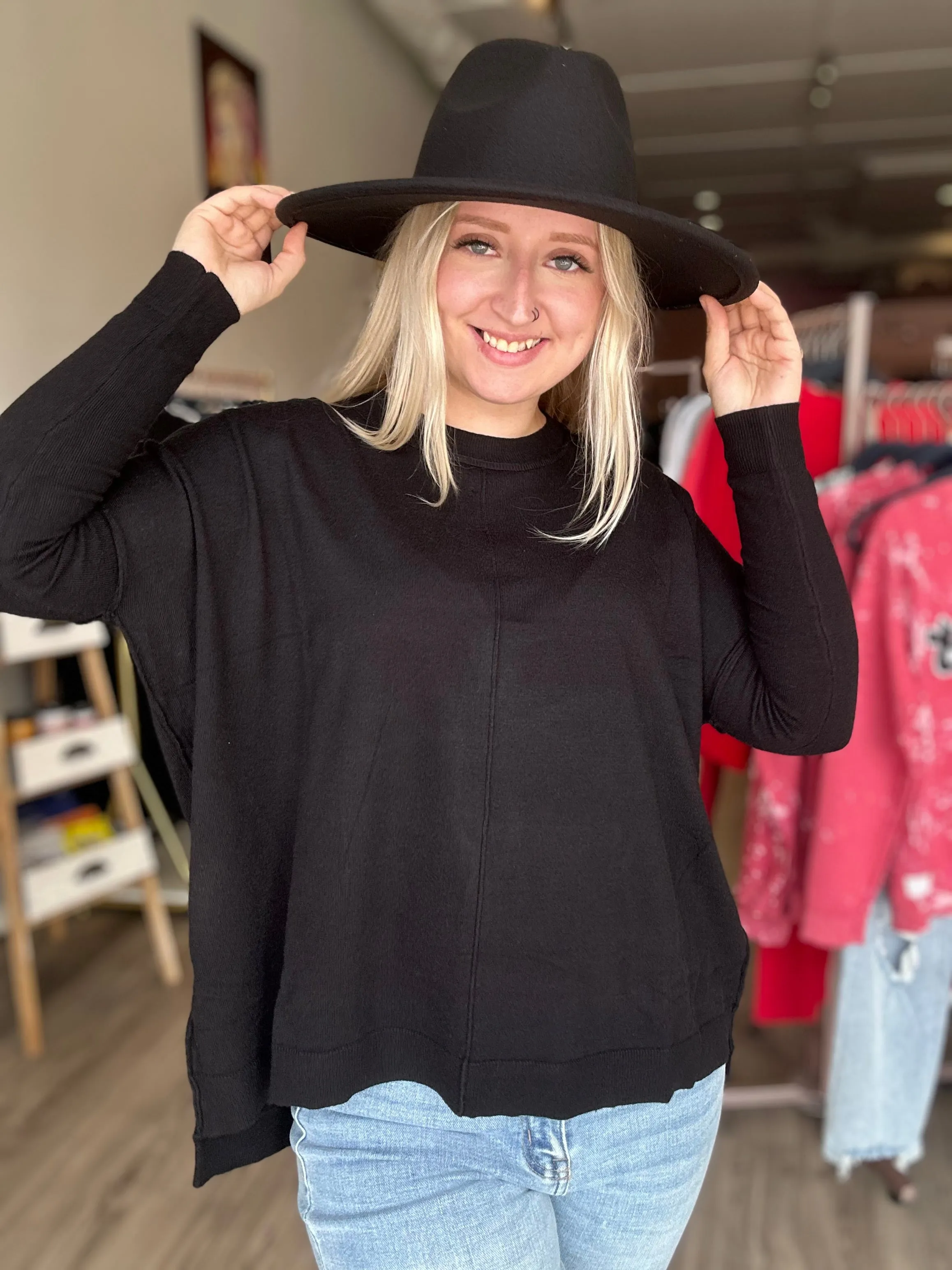 Black Round Neck Seam Sweater