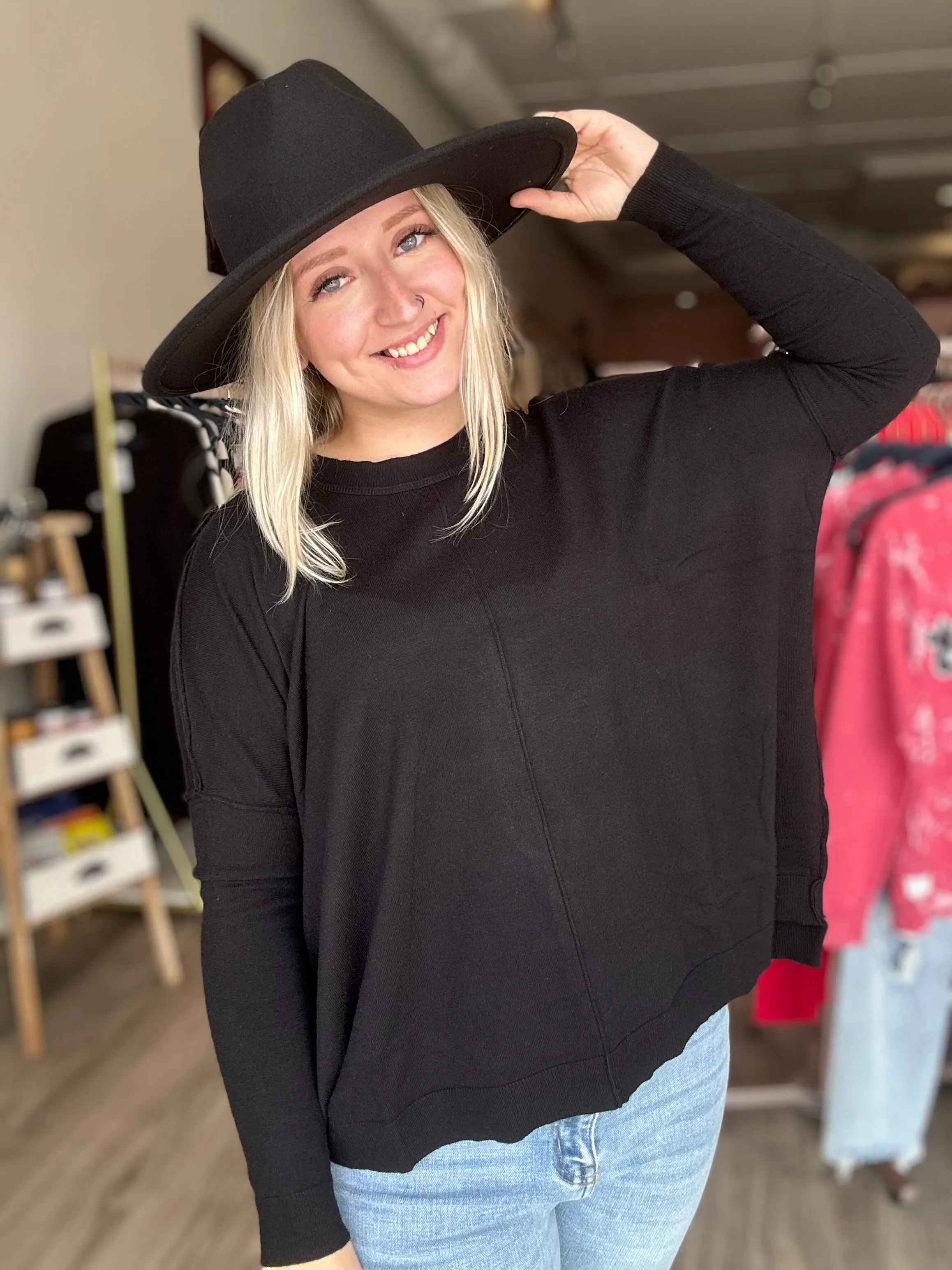 Black Round Neck Seam Sweater