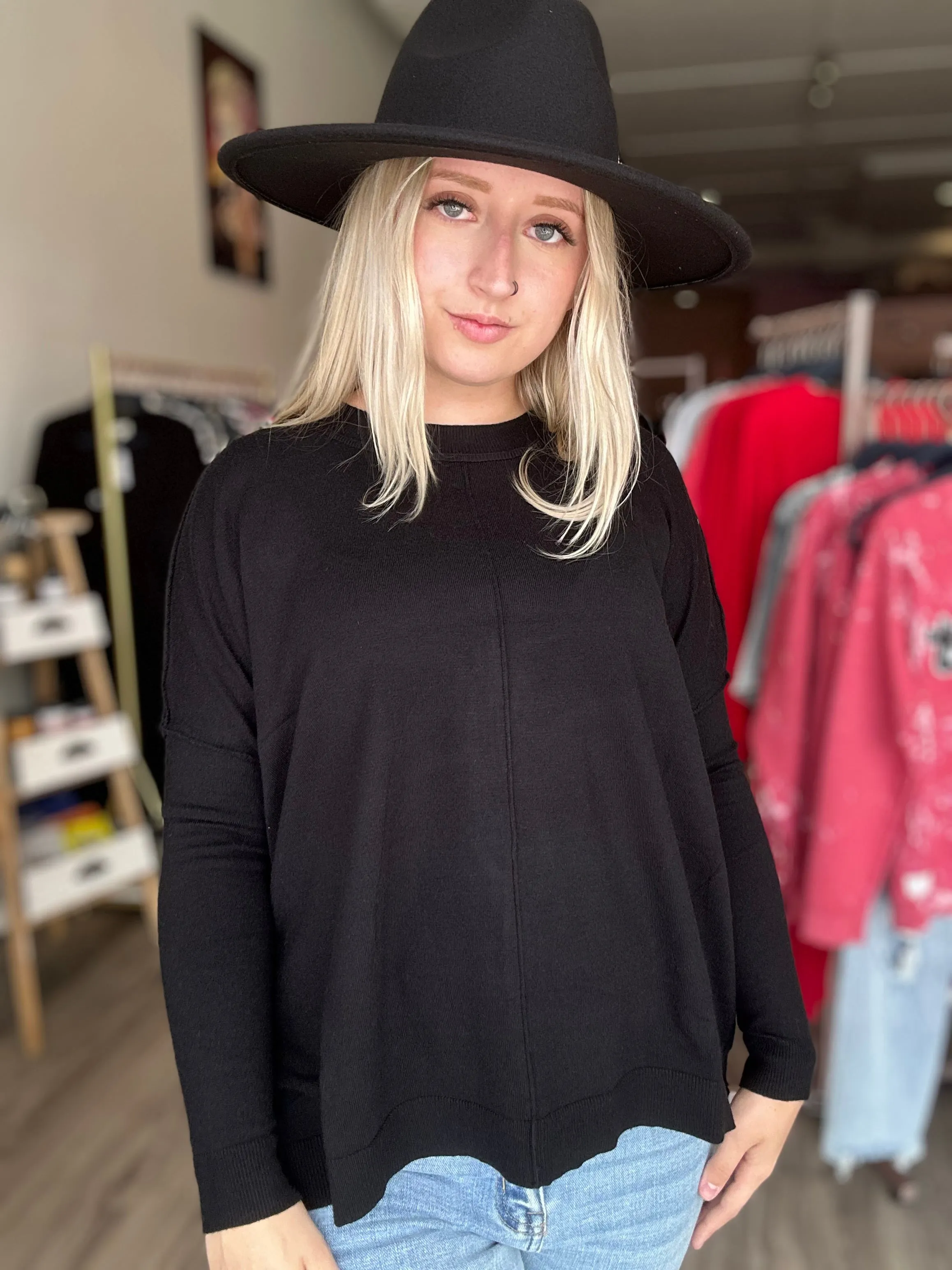 Black Round Neck Seam Sweater