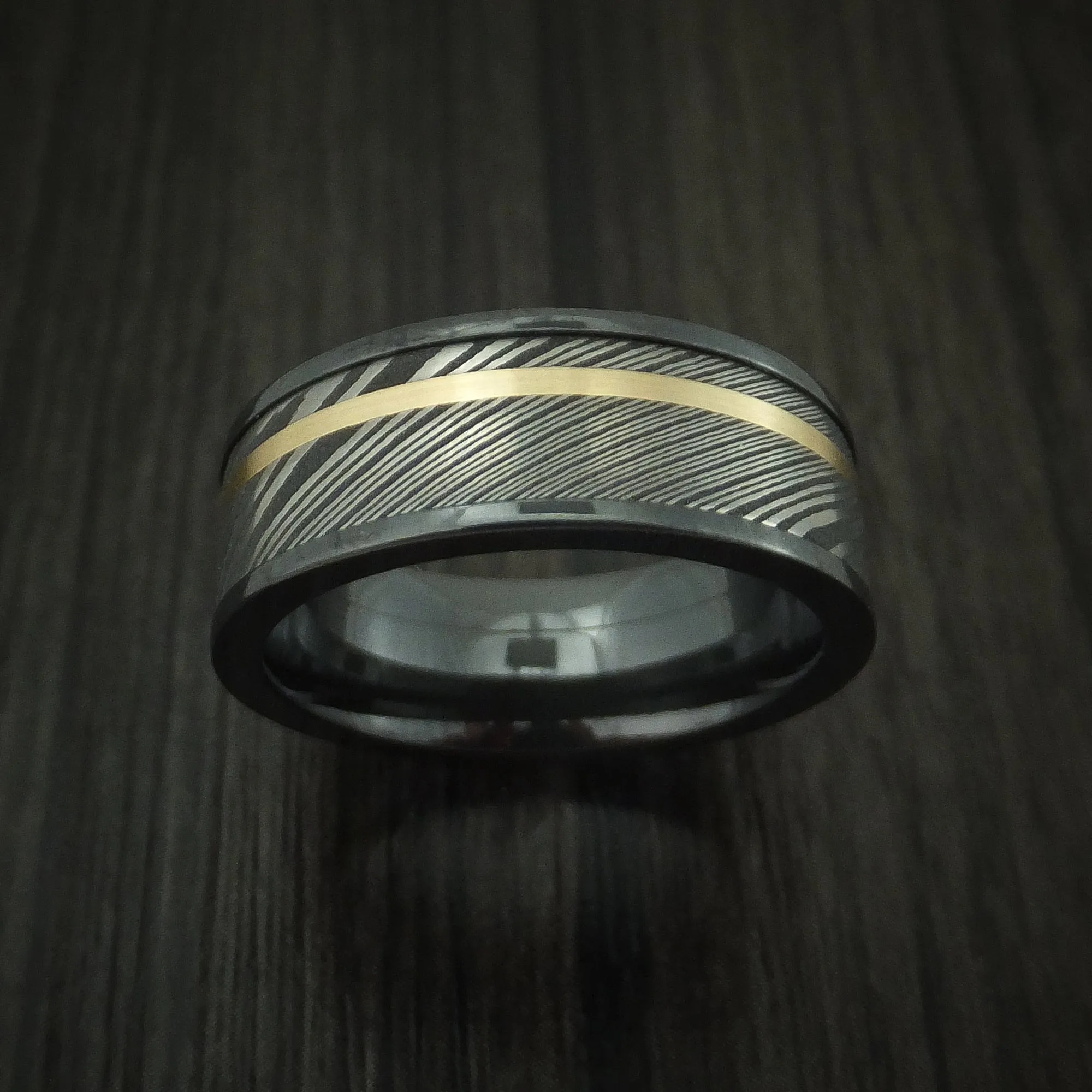 Black Titanium And Damascus Steel Band 14K Yellow Gold Custom Made Men's Ring