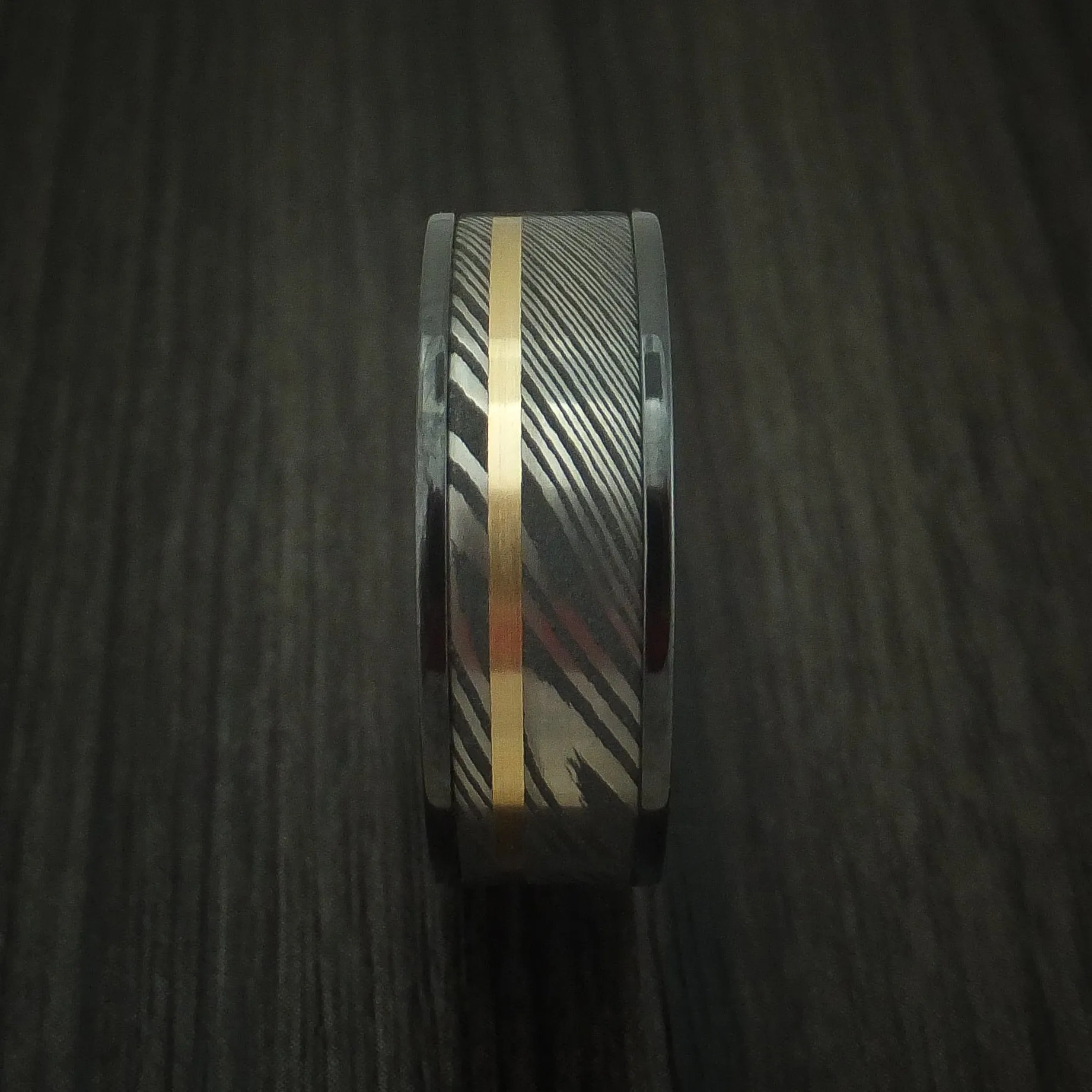 Black Titanium And Damascus Steel Band 14K Yellow Gold Custom Made Men's Ring