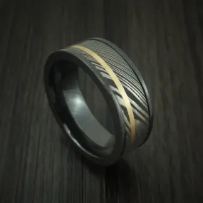 Black Titanium And Damascus Steel Band 14K Yellow Gold Custom Made Men's Ring