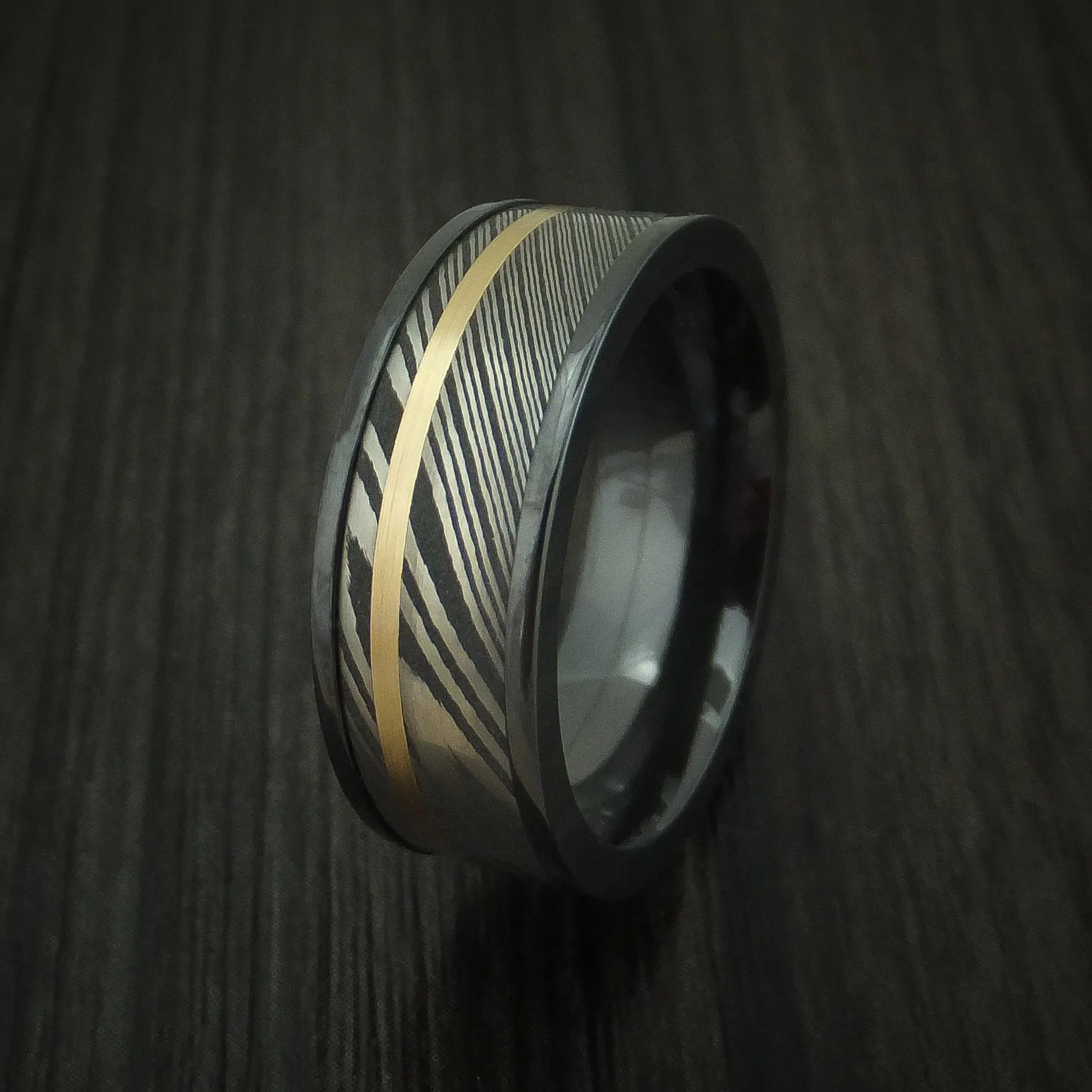 Black Titanium And Damascus Steel Band 14K Yellow Gold Custom Made Men's Ring