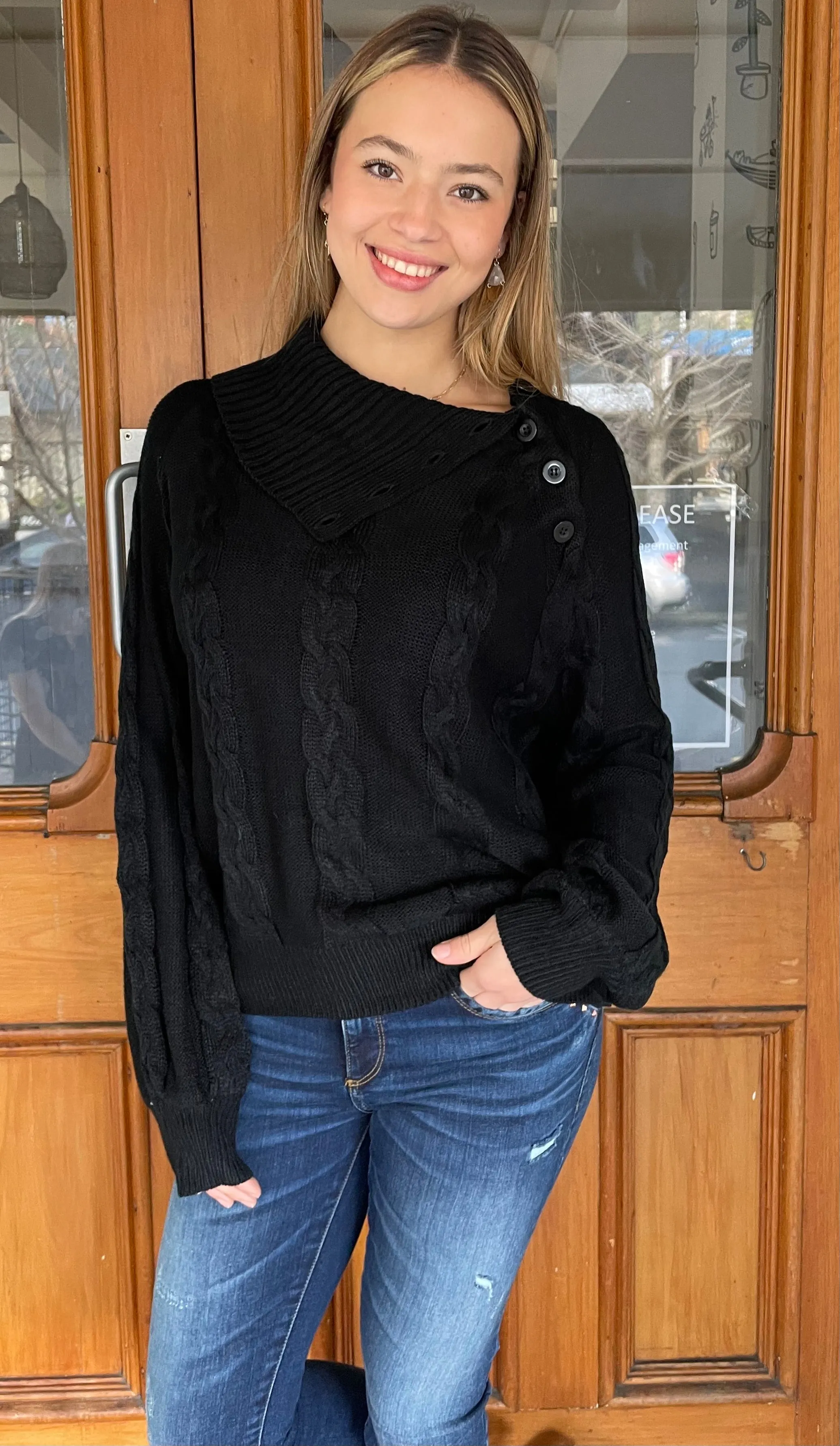 Bon Button Neck Top Black