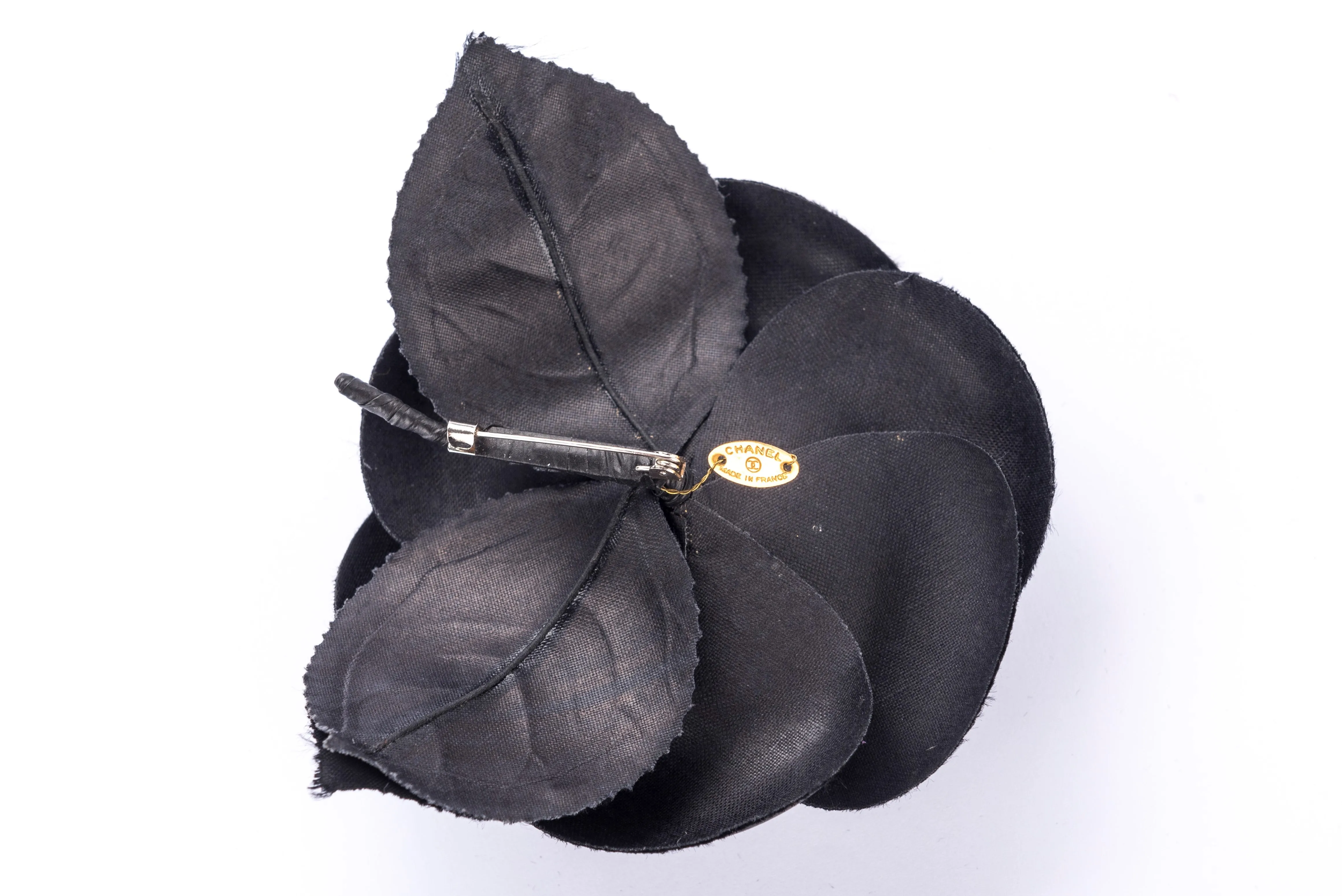 Chanel Camellia Brooch All Black with Leaf, with Box