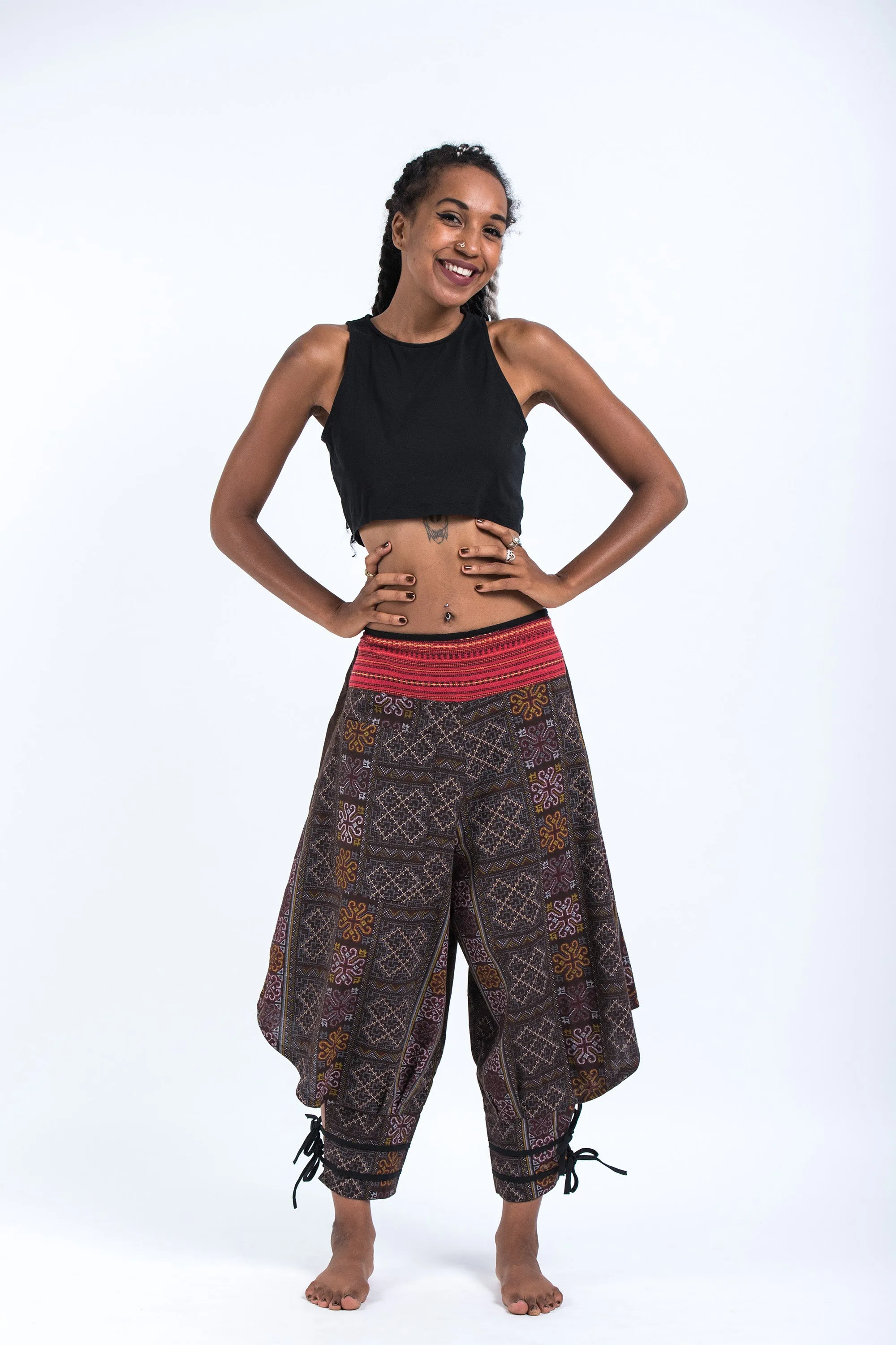 Clovers Thai Hill Tribe Fabric Women's Harem Pants with Ankle Straps in Brown