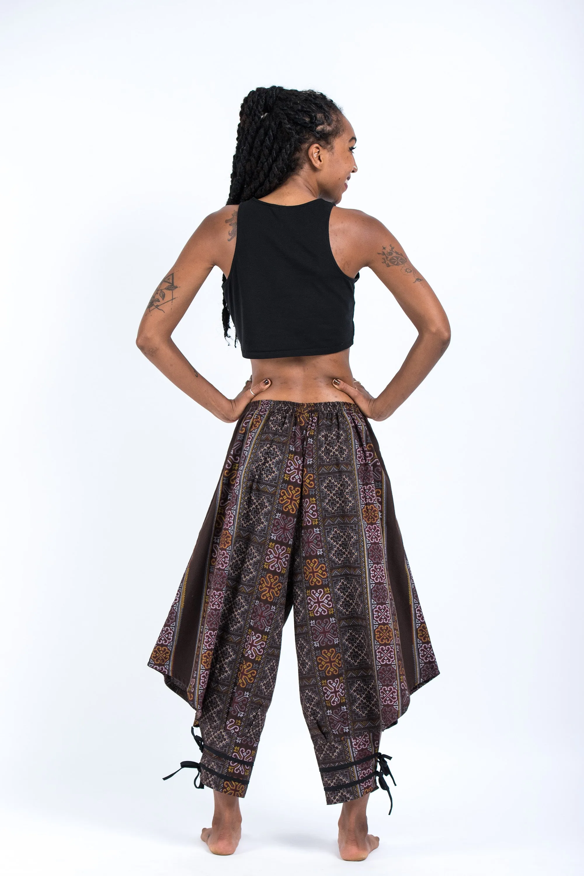 Clovers Thai Hill Tribe Fabric Women's Harem Pants with Ankle Straps in Brown