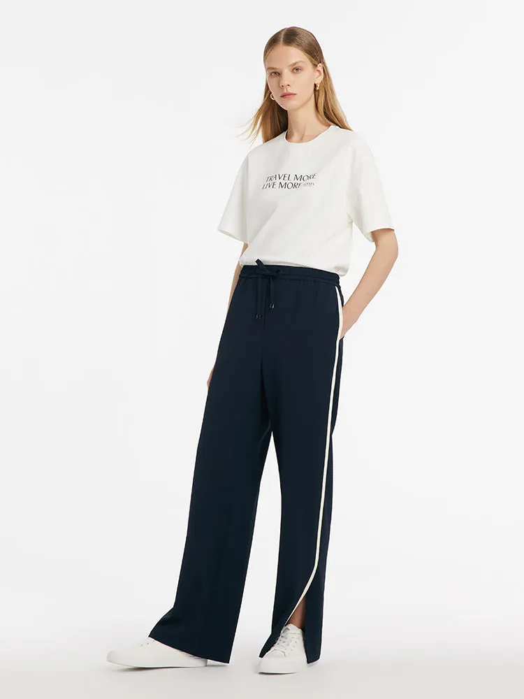 Contrast Trim Straight Women Pants With Elastic Waistband