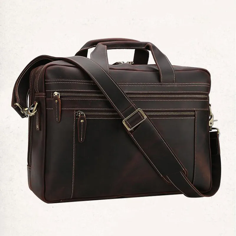 Crazy Horse Leather Men Briefcase Laptop Bag Men Handbag Large Capacity Shoulder Messenger Bag