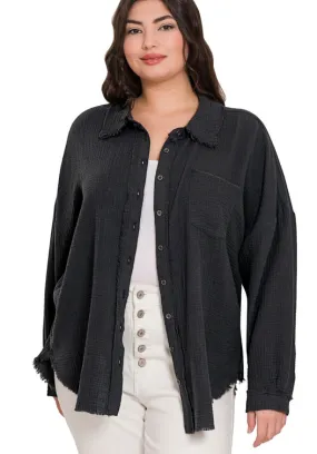 Curvy Black Gauze Button Down