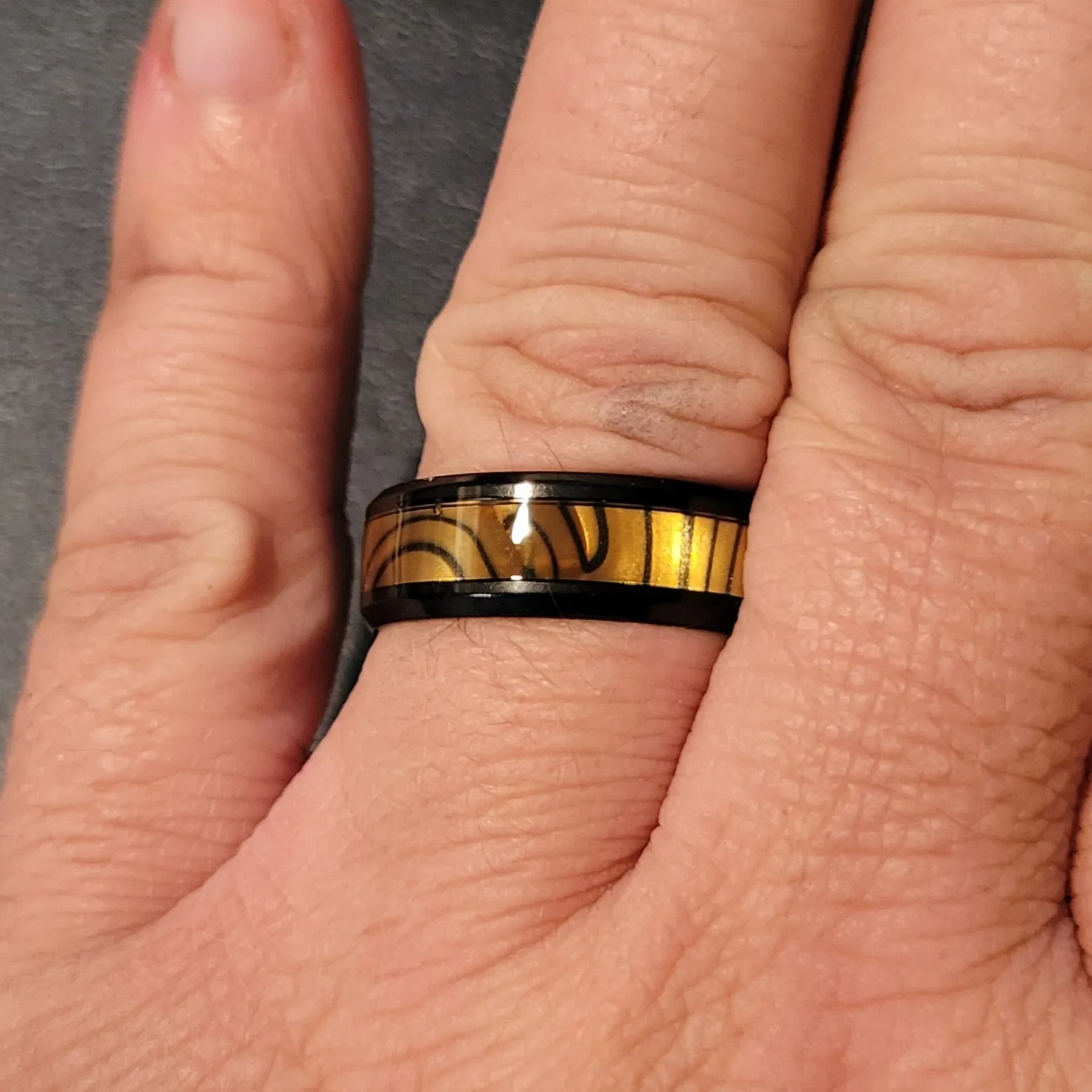 Custom Engraved Men's Tiger's Eye Opal Wedding Ring - Guy's Handwriting Ring