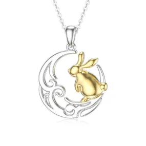 Cute Rabbit Necklace for Women Sterling Silver Bunny on the Moon Pendant Easter Necklace Rabbit Jewelry Gift for Girlfriend Daughter Sister