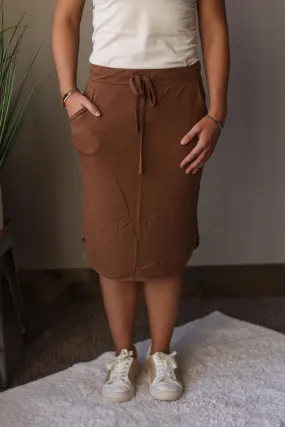 Dark Camel Drawstring Waist Knit Pocket Midi Skirt